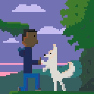 Pixel art of a man and a dog doing a high five.