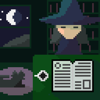 Pixel art of a witch reading a book with a black cat in the background.