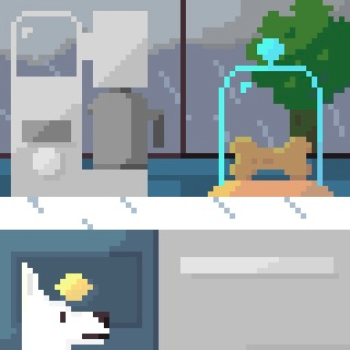 Pixel art of a dog looking at a bone in a glass container on top of a counter while rain pours down outside.