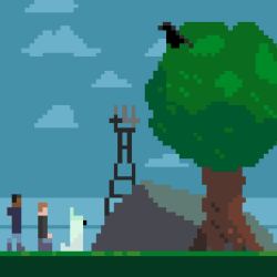 Pixel art of two men and a dog looking at a bird in a tree with Sutro Tower visible in the background.